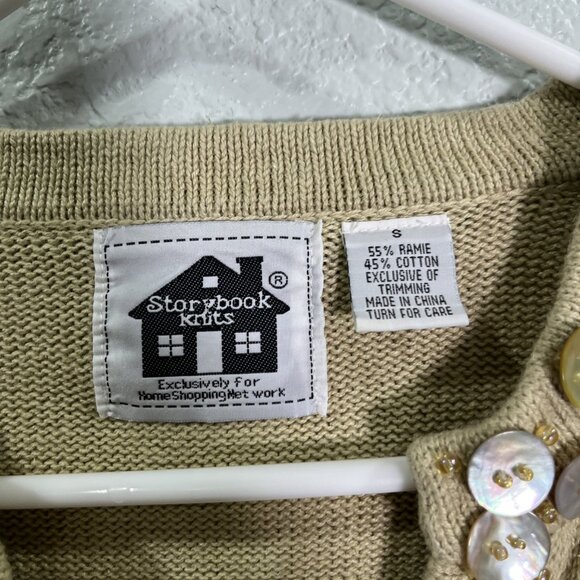 Storybook Knits Cardigan Womens S Tan Knit Embellished Beaded Floral Cottage - Picture 4 of 8